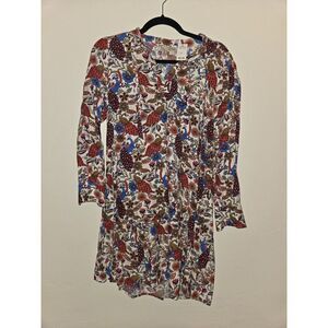 Loft Floral Peacock Print Long Sleeve Mini Dress Bohemian Style